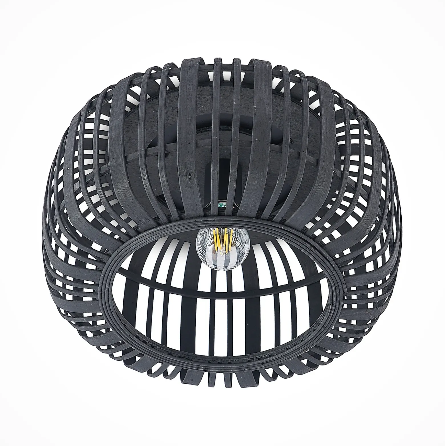 Plafón Lindby Canyana, negro, ratán, Ø 40 cm