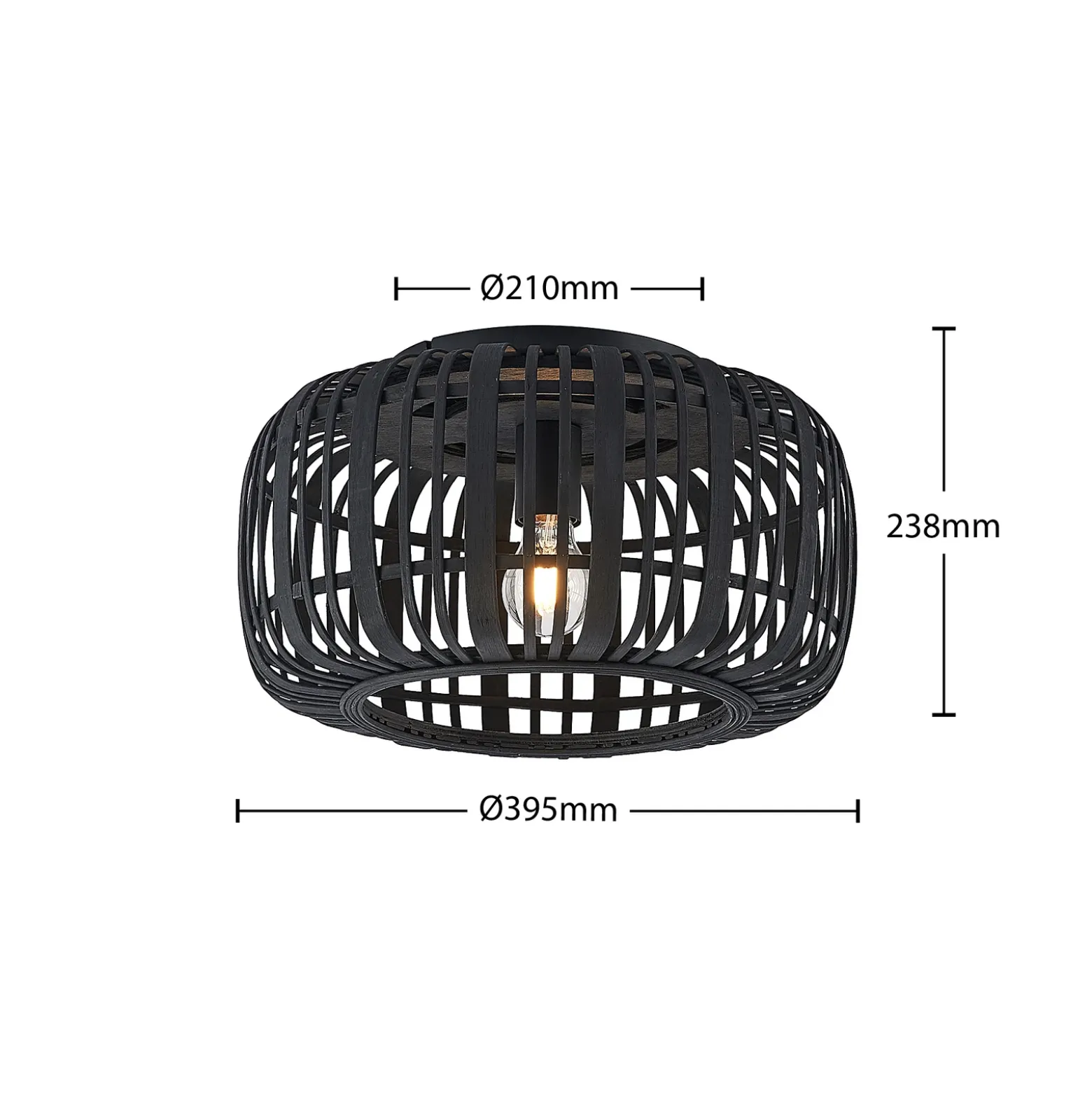 Plafón Lindby Canyana, negro, ratán, Ø 40 cm