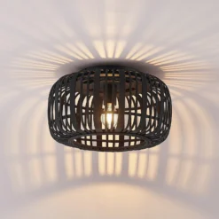 Plafón Lindby Canyana, negro, ratán, Ø 40 cm