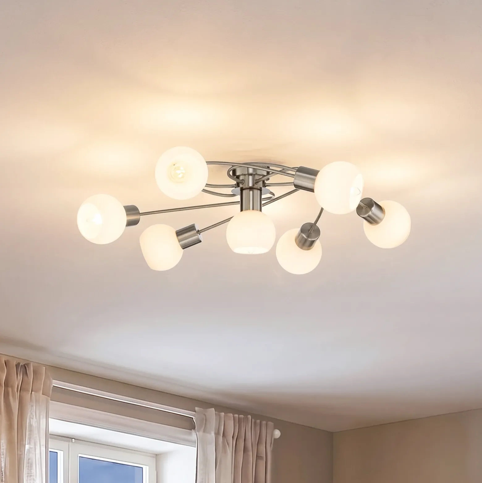 Plafón Lindby Ciala, 7 luces, color níquel, cristal
