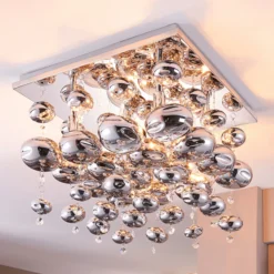Plafón Lindby Esfera, gris humo, cristal, 4 luces, 35cm
