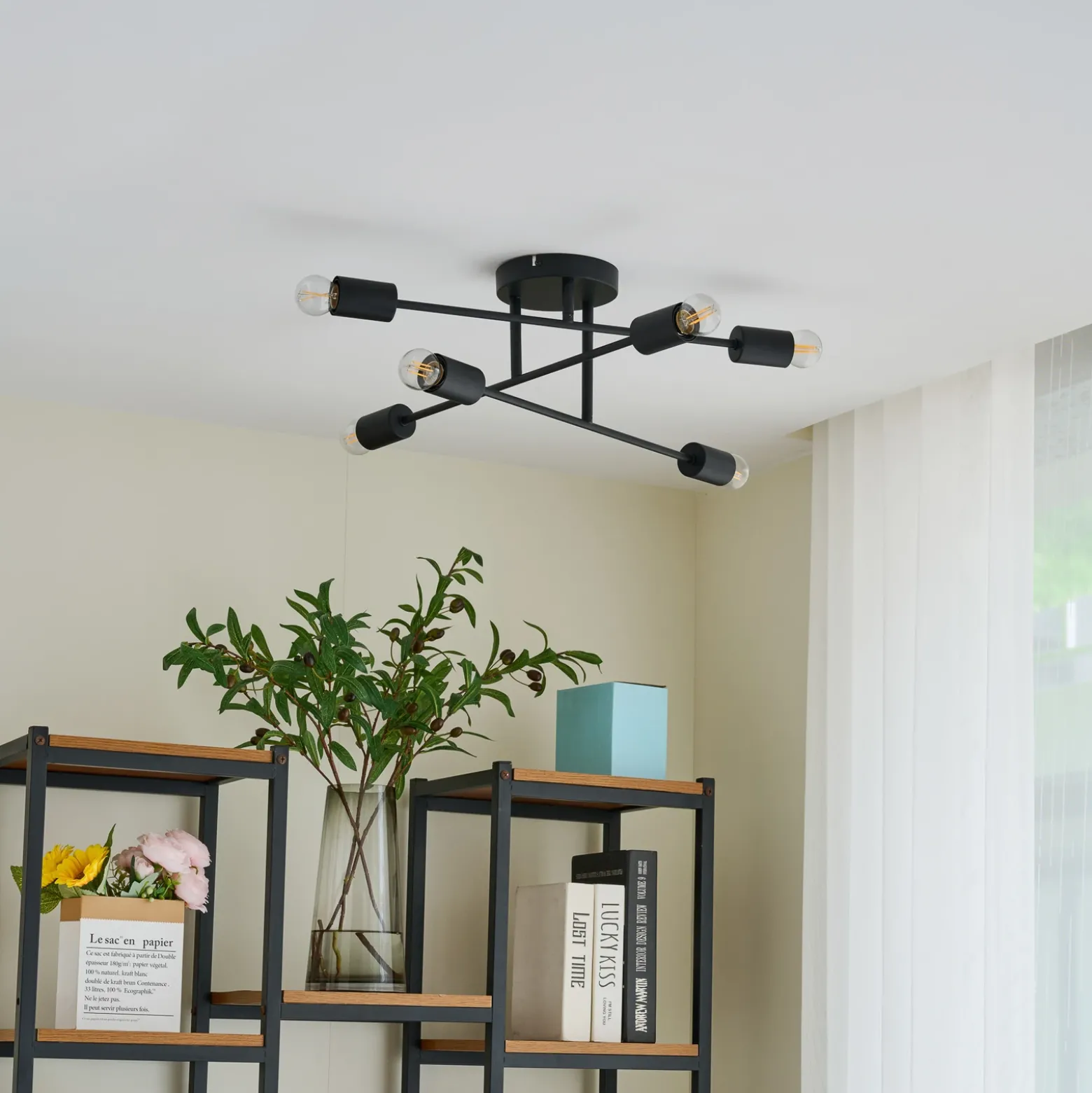 Plafón Lindby Estar, negro, de metal, 6 luces, Ø 56 cm