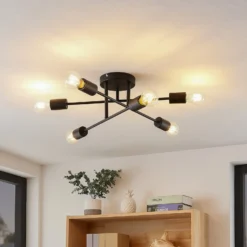 Plafón Lindby Estar, negro, de metal, 6 luces, Ø 56 cm
