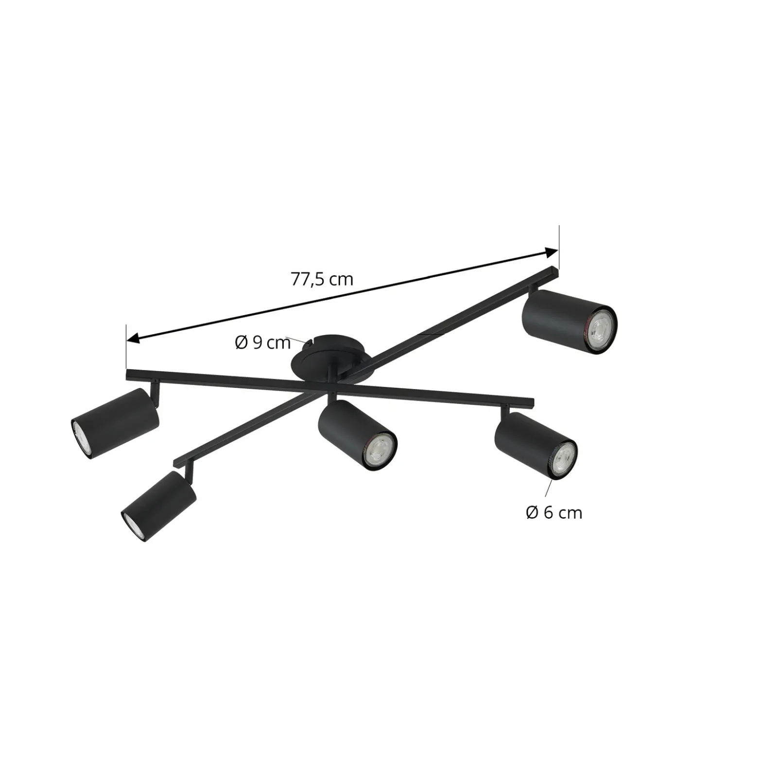 Plafón Lindby Joffrey, 78 cm, negro, 5 luces, GU10