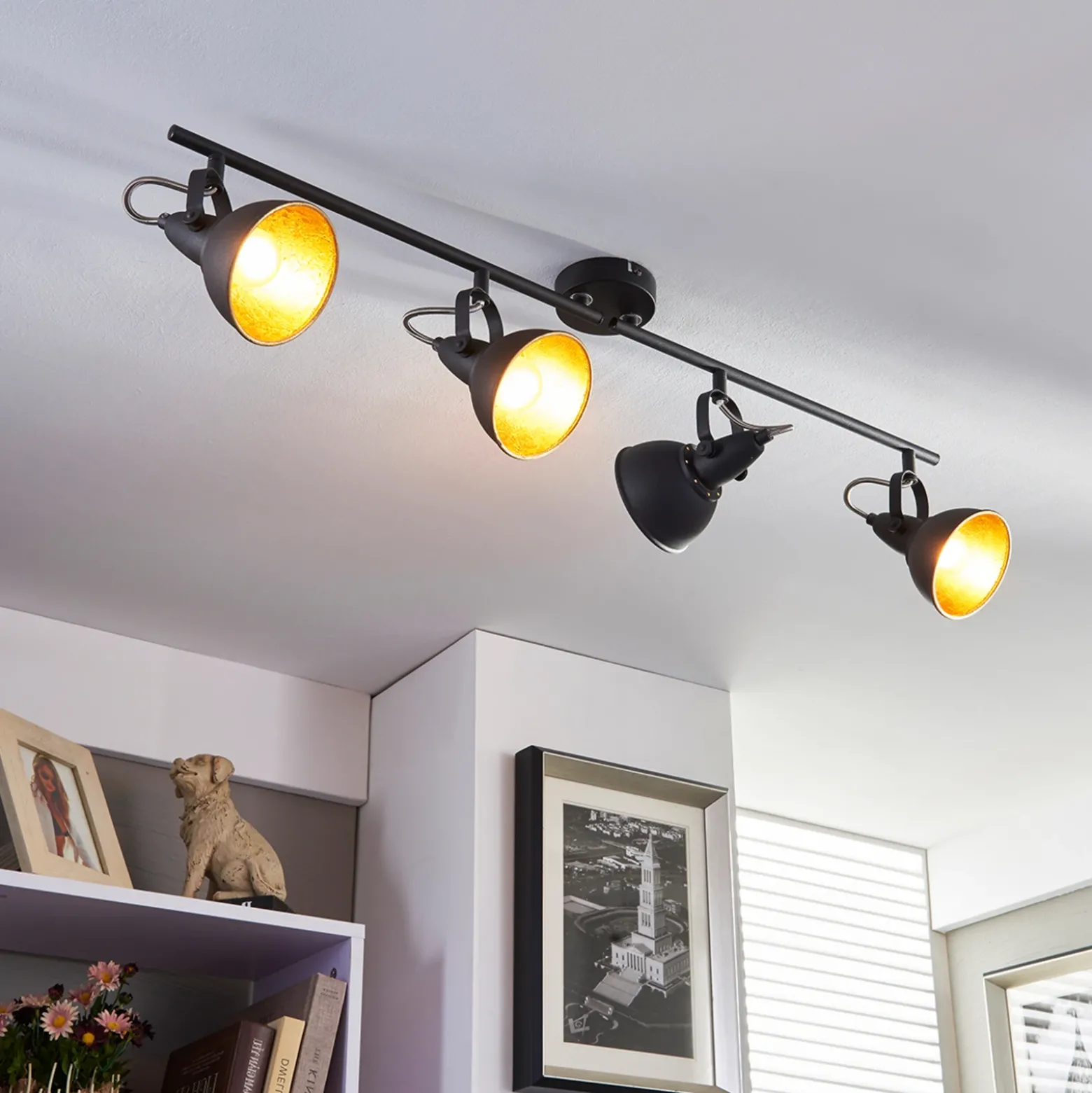 Plafón Lindby Julin, 85 cm, 4 luces, negro-dorado