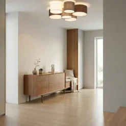 Plafón Lindby Laurenz, 6 luces, gris/marrón, textil