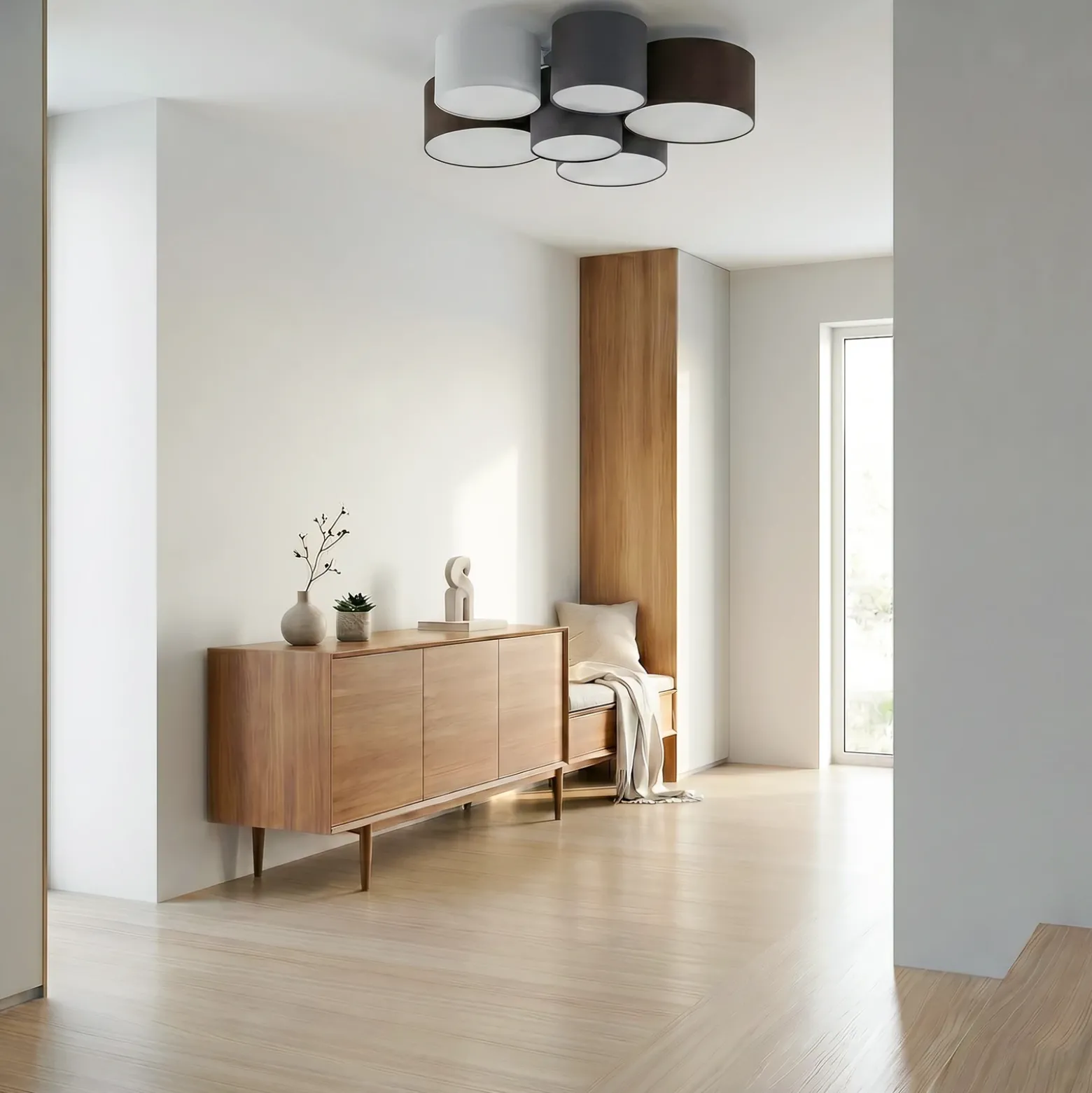 Plafón Lindby Laurenz, 6 luces, gris/marrón, textil
