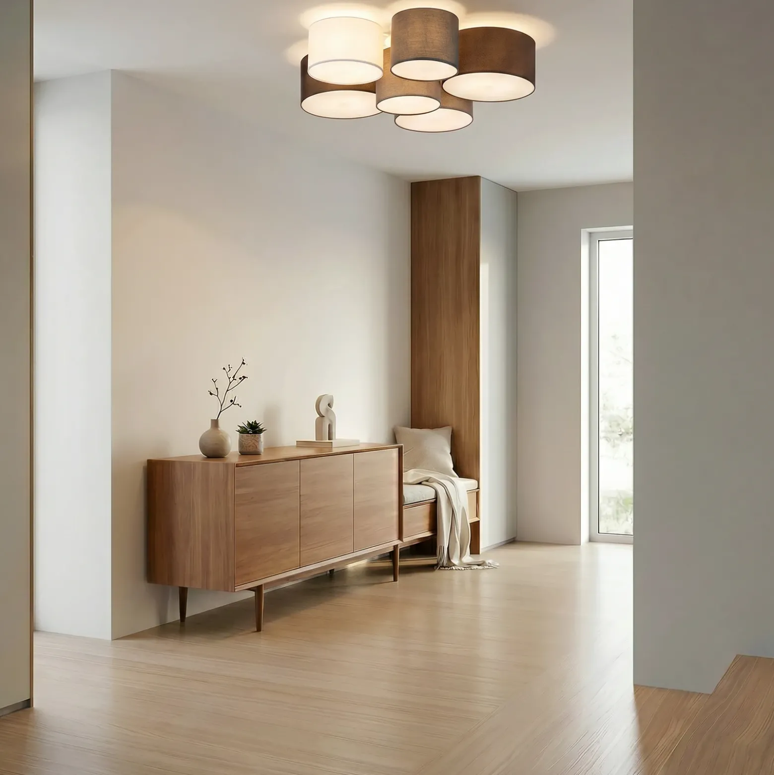 Plafón Lindby Laurenz, 6 luces, gris/marrón, textil