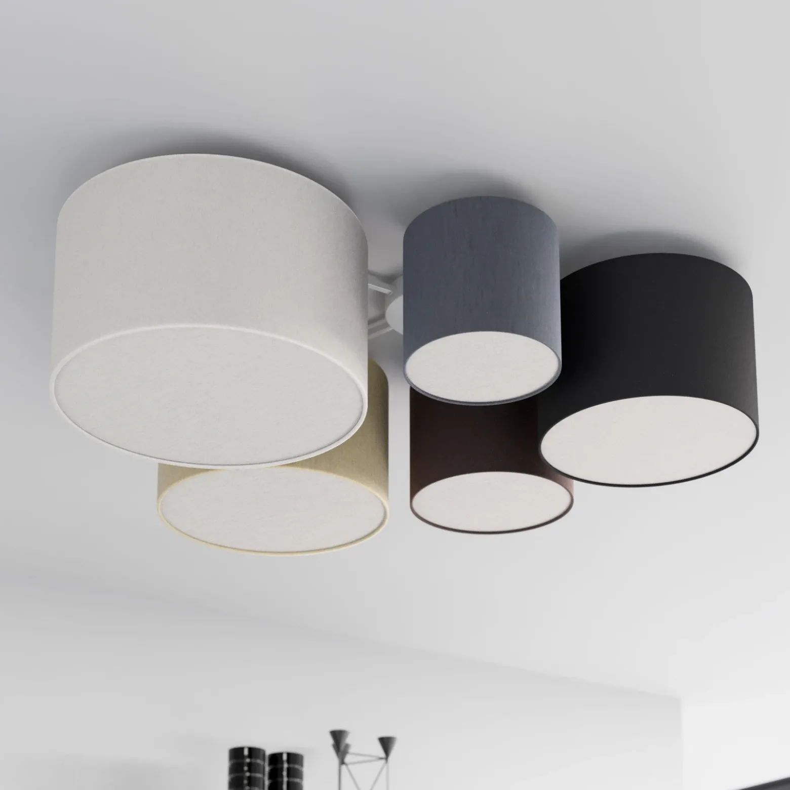 Plafón Lindby Laurenz, 5 luces, marrón/beige, textil