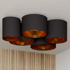Plafón Lindby Laurenz, 5 luces, negro/dorado, textil