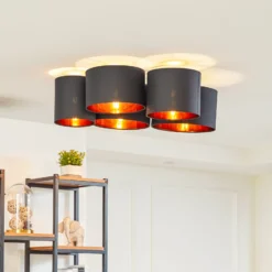 Plafón Lindby Laurenz, 5 luces, negro/dorado, textil