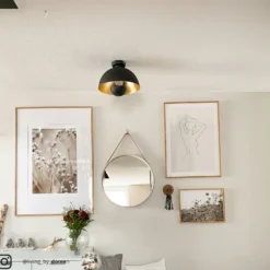 Plafón Lindby Lya, Ø 31 cm, negro-oro, metal, E27