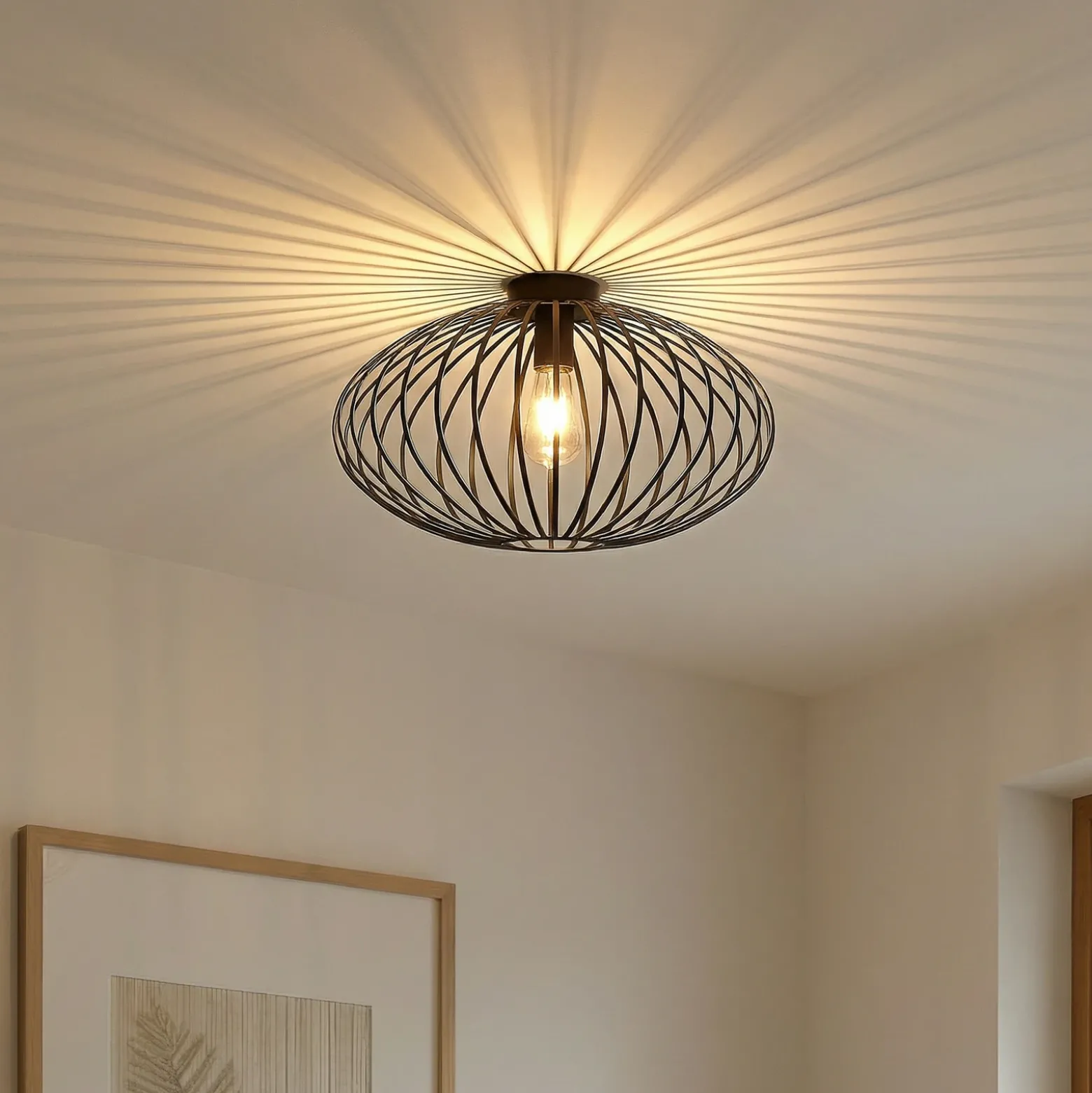 Plafón Lindby Maivi, negro, 50 cm, hierro, jaula
