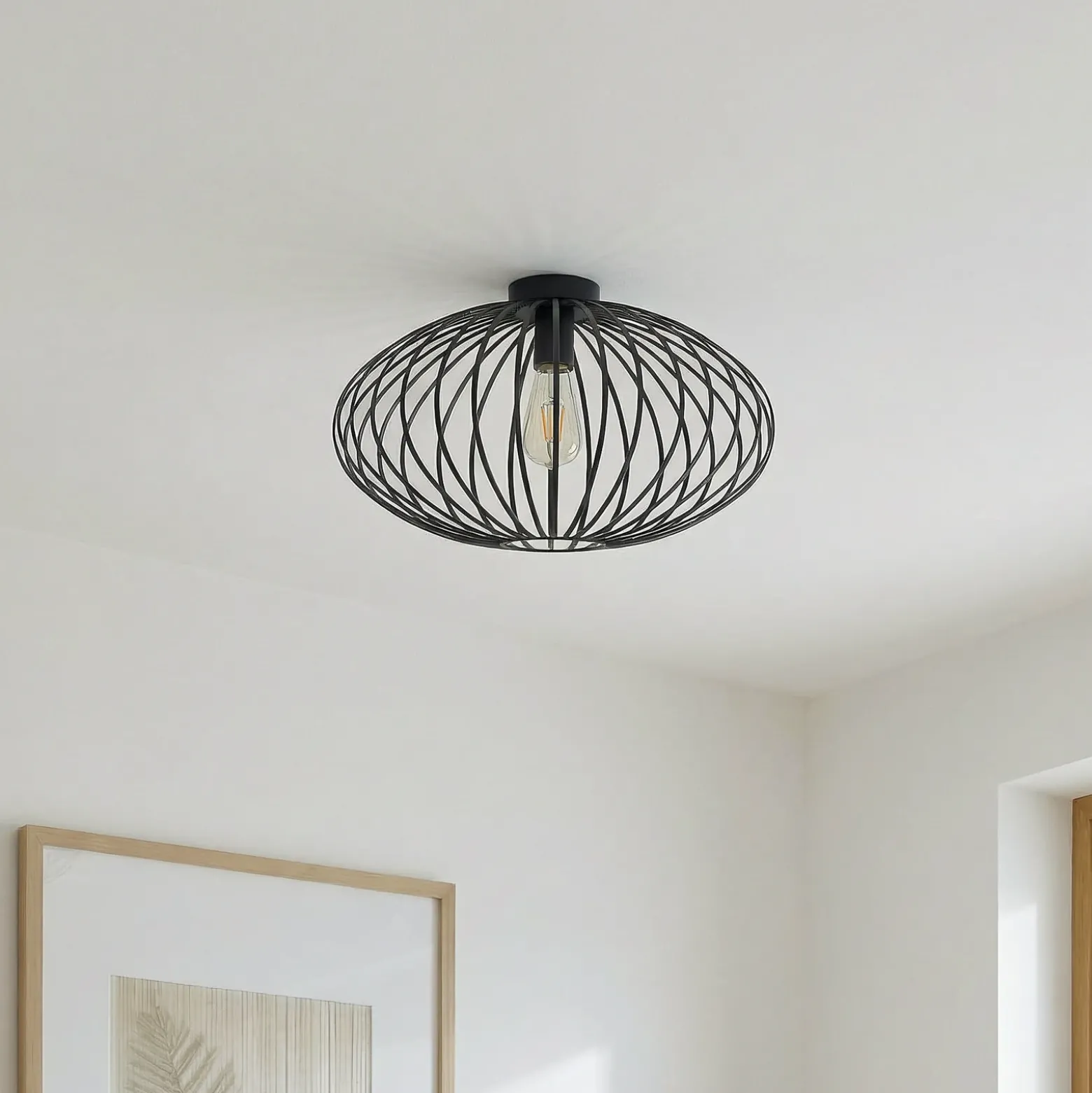 Plafón Lindby Maivi, negro, 50 cm, hierro, jaula
