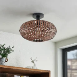 Plafón Lindby Majeora, Ø 40 cm, marrón, bambú