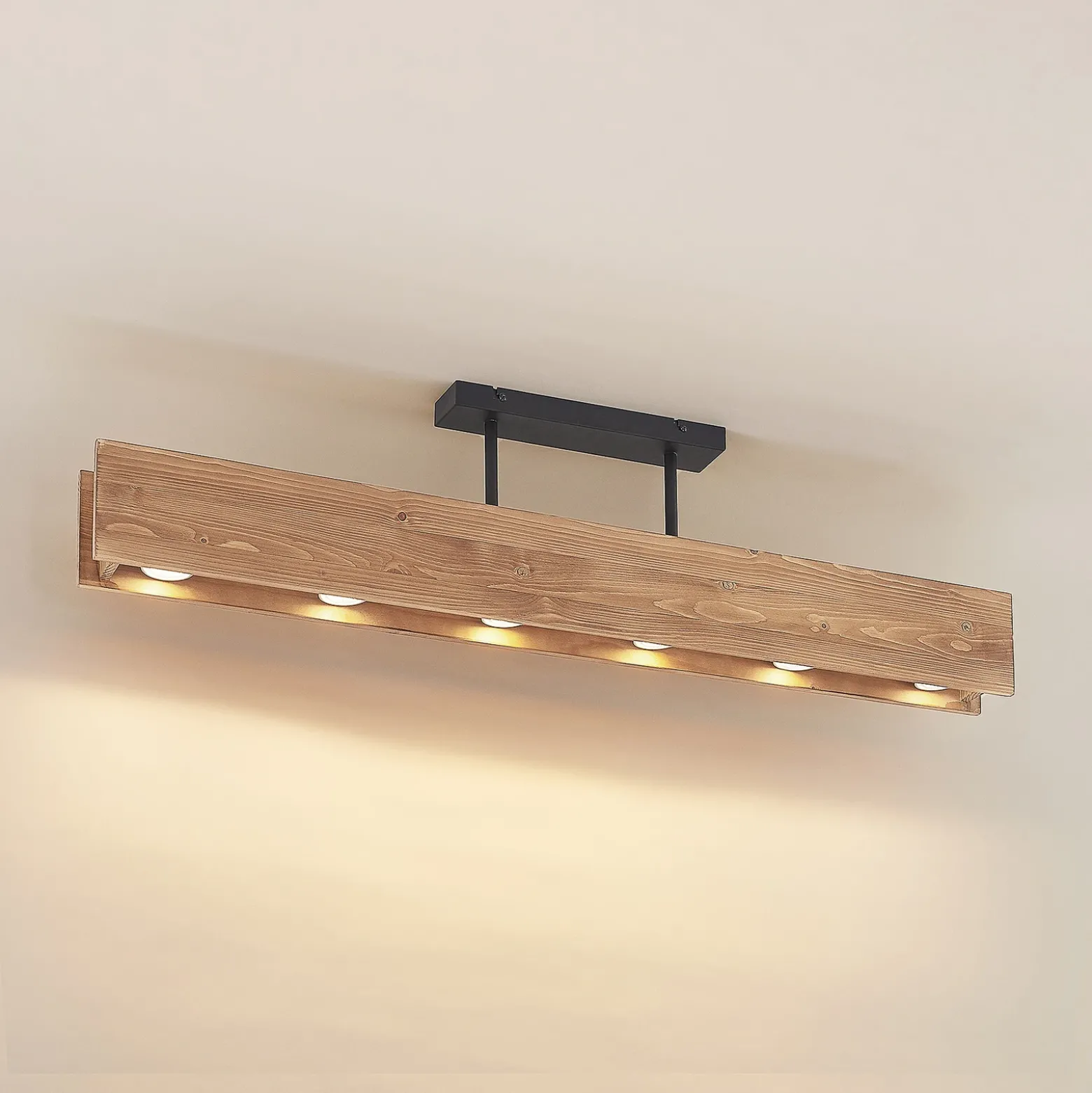 Plafón Lindby Malwin, GU10, 100 cm de largo, 6 luces, madera