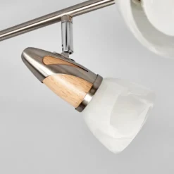 Plafón Lindby Marena, 6 luces, cristal, madera, 180 cm de largo