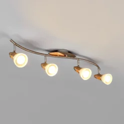 Plafón Lindby Marena, 4 luces, cristal, madera, 83 cm de largo
