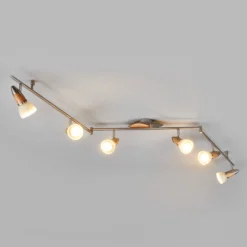 Plafón Lindby Marena, 6 luces, cristal, madera, 180 cm de largo