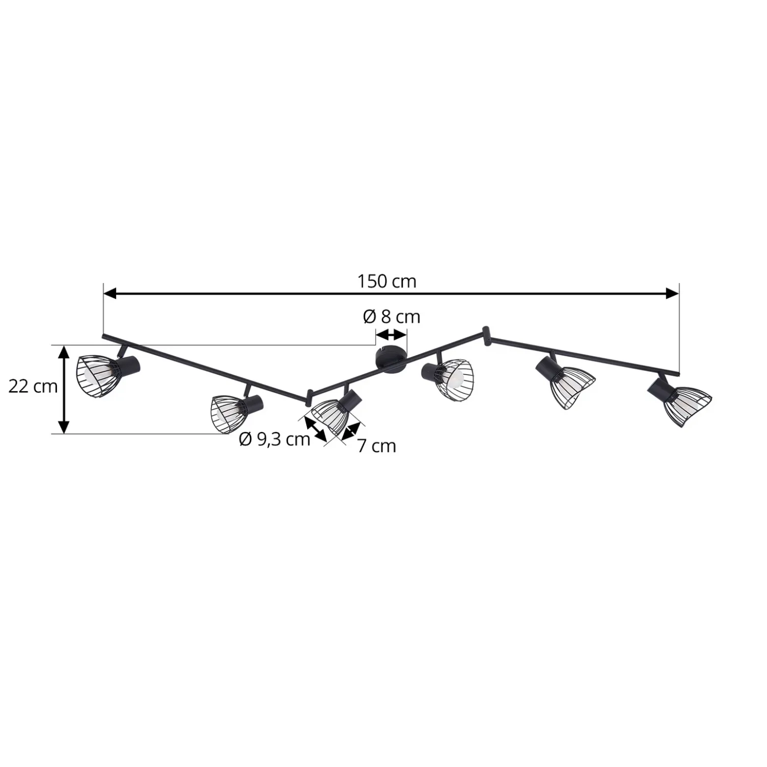 Plafón Lindby Piena, negro, 6 luces, metal, 150 cm