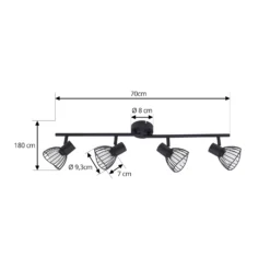 Plafón Lindby Piena, negro, 4 luces, metal, 70 cm