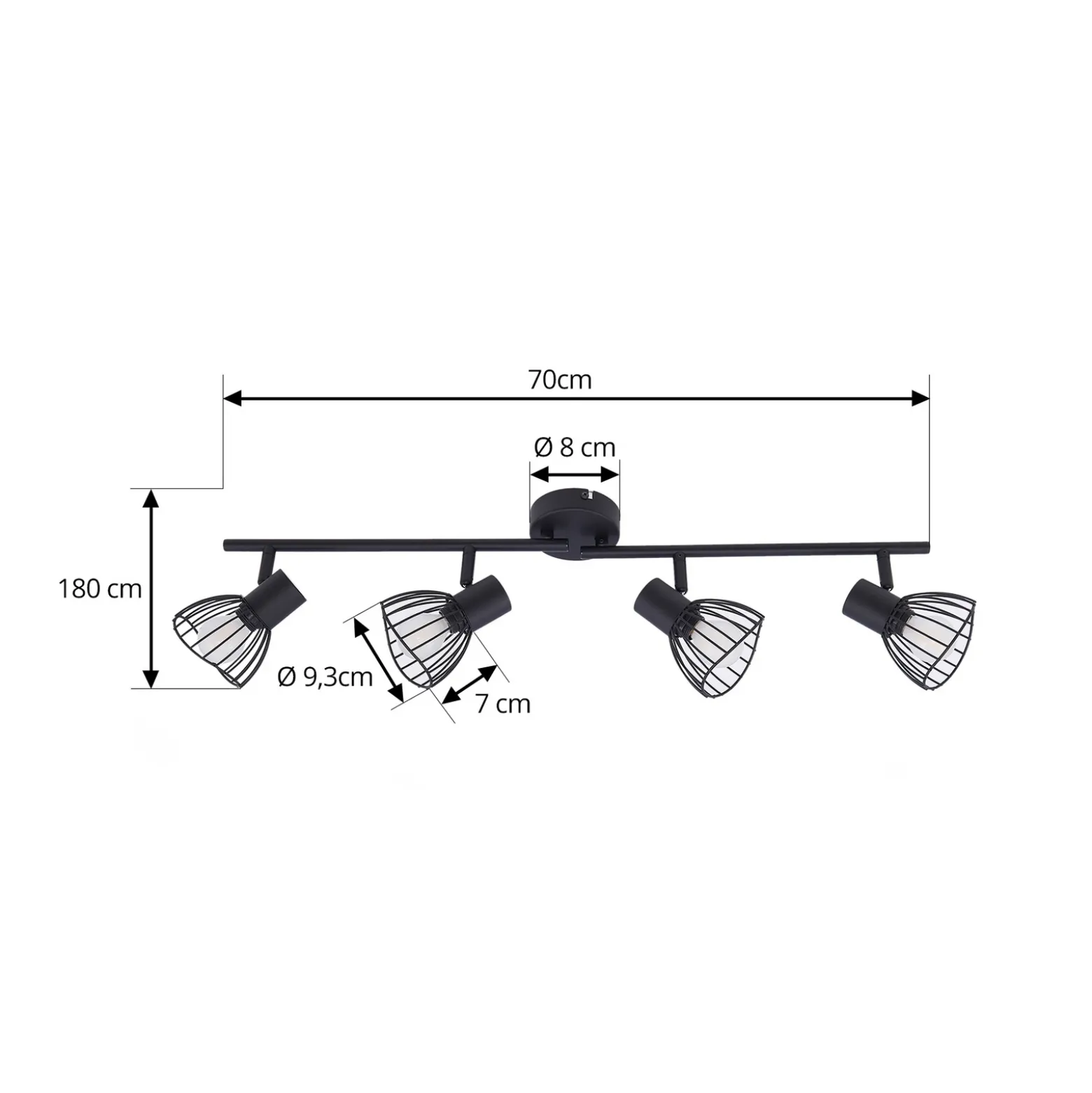 Plafón Lindby Piena, negro, 4 luces, metal, 70 cm