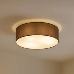 Plafón Lindby Sebatin, Ø 40 cm, marrón claro, tela, E27