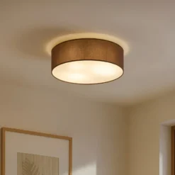 Plafón Lindby Sebatin, Ø 40 cm, marrón claro, tela, E27