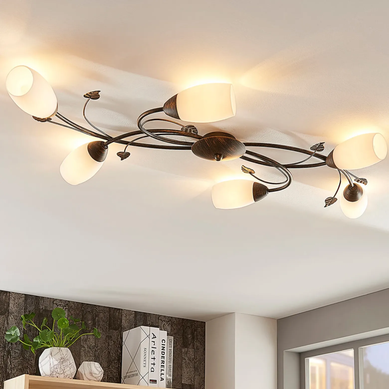 Plafón Lindby Stefania, 6 luces, negro/oro, 68cm