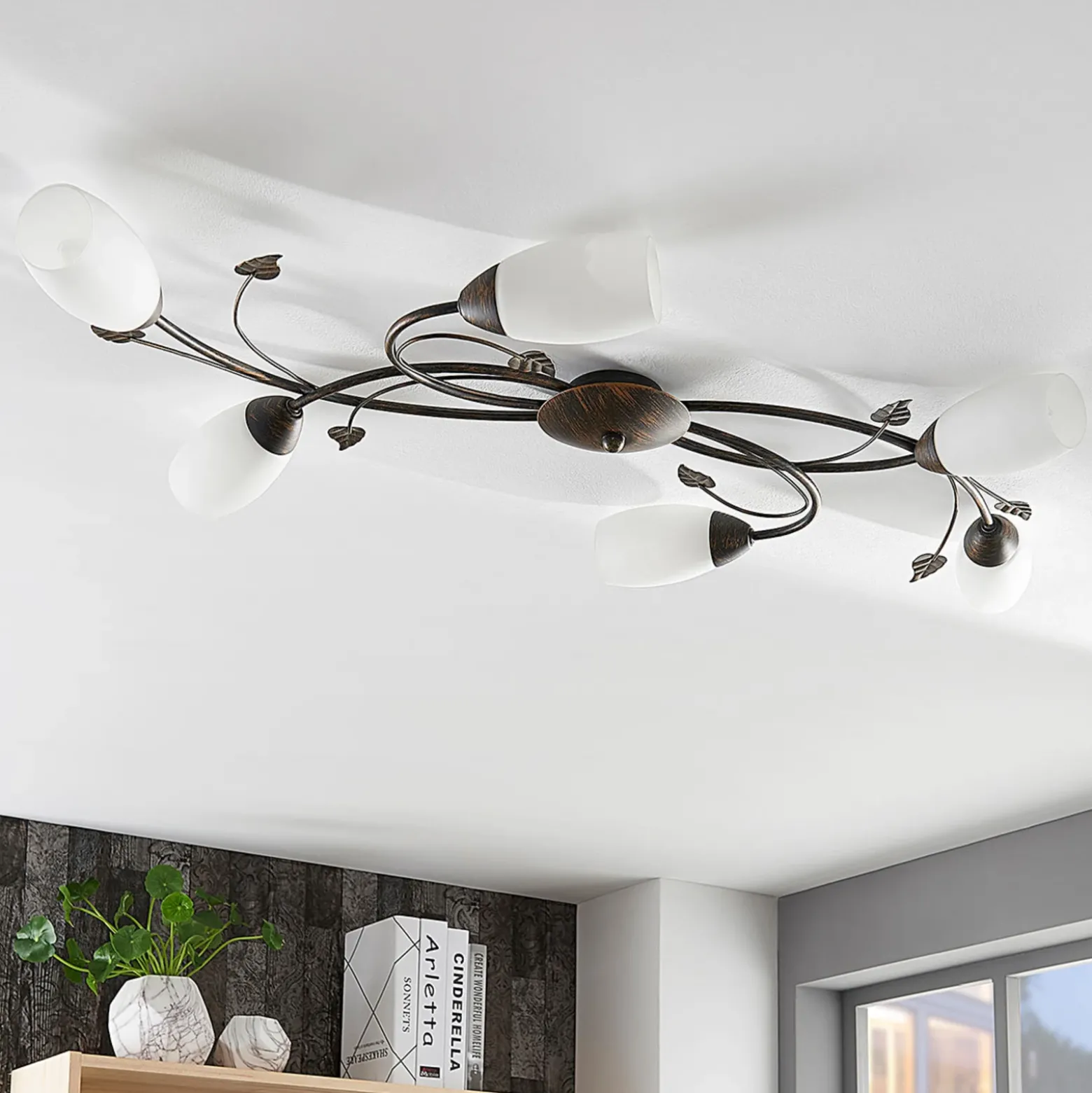 Plafón Lindby Stefania, 6 luces, negro/oro, 68cm
