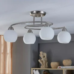 Plafón Lindby Svean, 4 luces, blanco, cristal, longitud 42,5cm