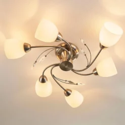 Plafón Lindby Tatas, Ø 64 cm, níquel, 6 luces, cristal