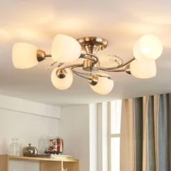 Plafón Lindby Tatas, Ø 64 cm, níquel, 6 luces, cristal