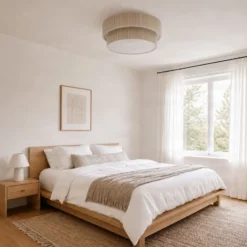 Plafón Lindby Tazia, Ø 50 cm, natural/blanco, lino