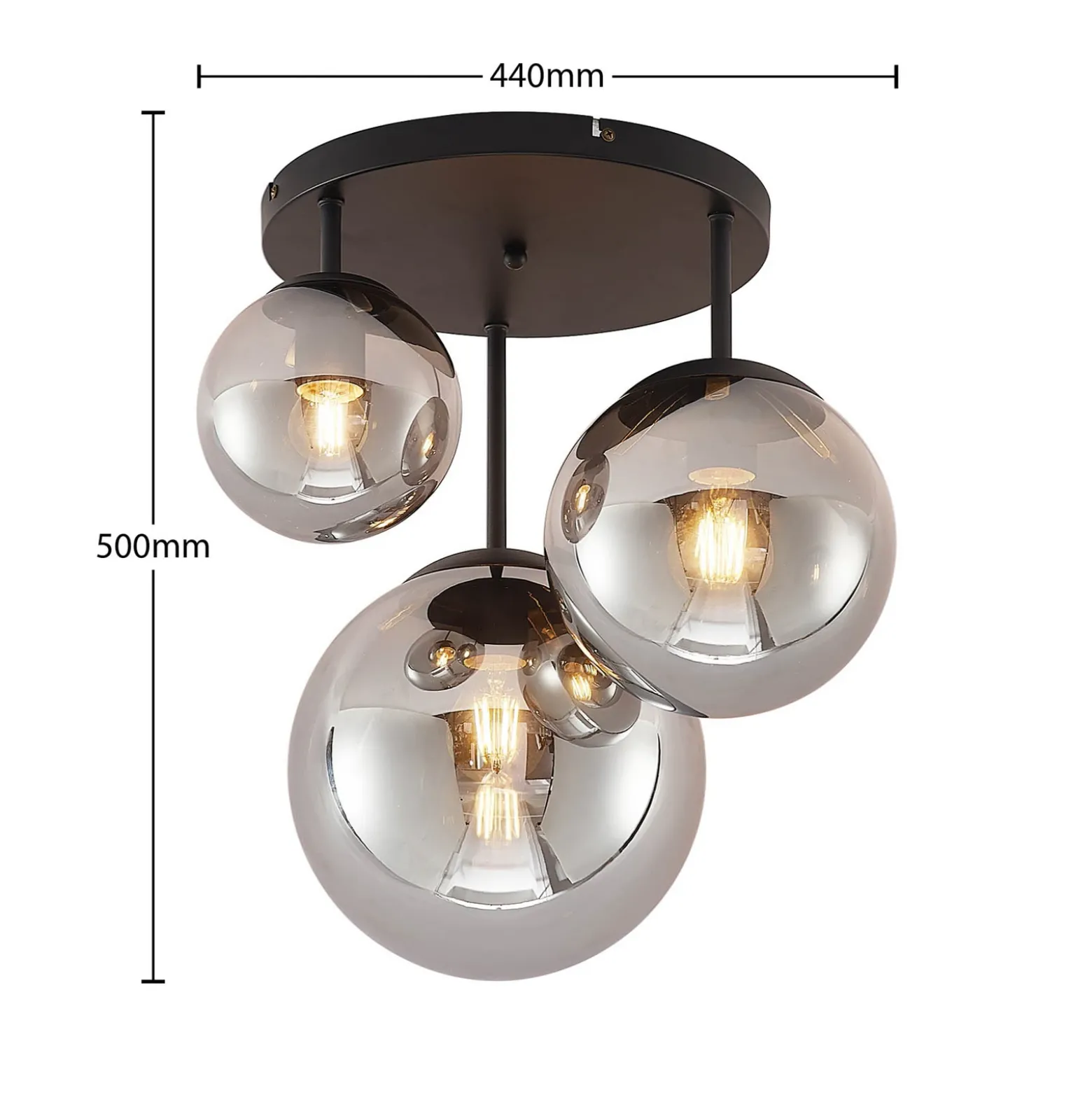 Plafón Lindby Teeja, ahumado, 3 luces, Ø47cm, cristal, E27