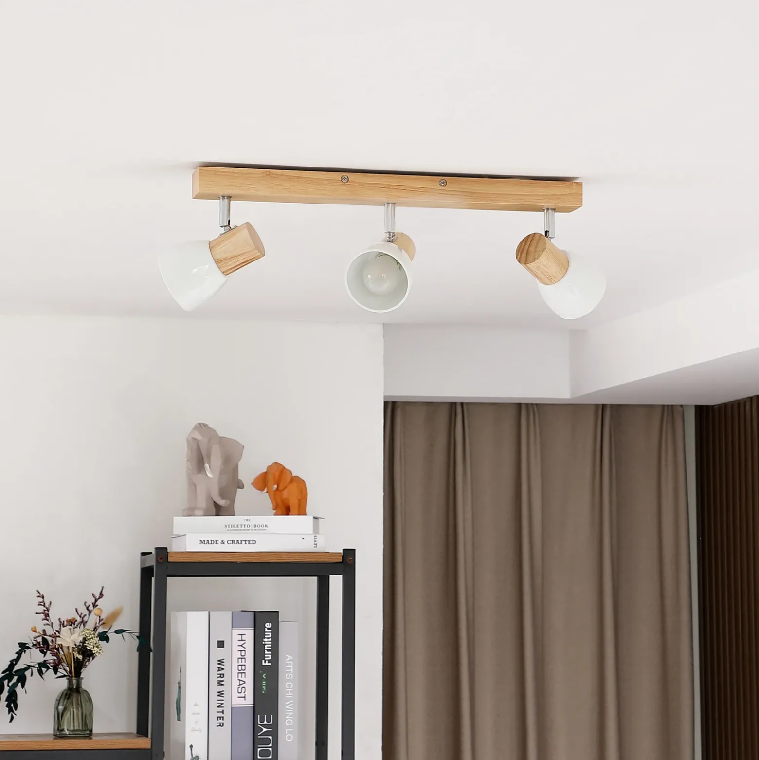 Plafón Lindby Thorin, 47 cm, 3 luces, blanco, madera, E14