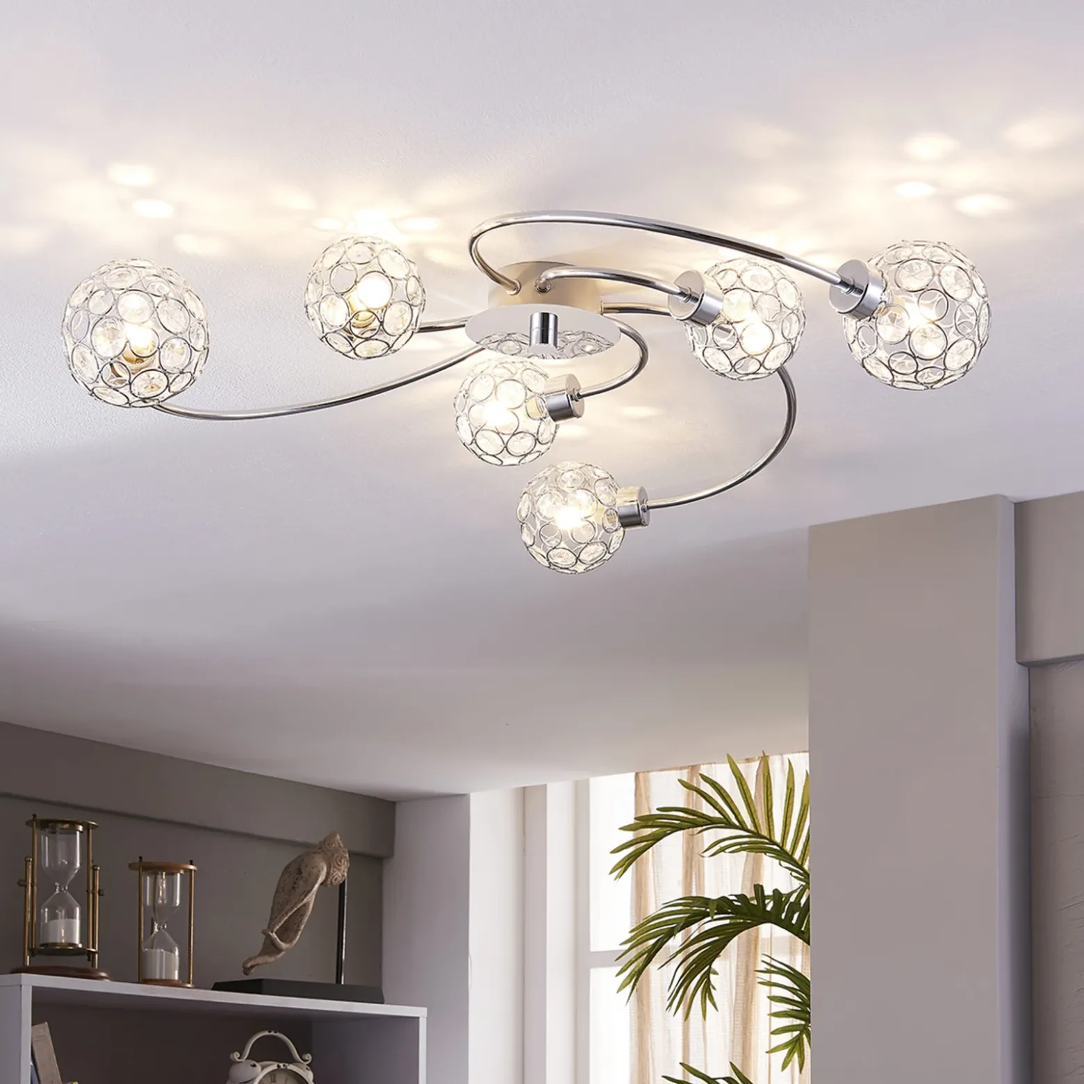 Plafón Lindby Tyron, Ø 65 cm, cromo, cristal, metal