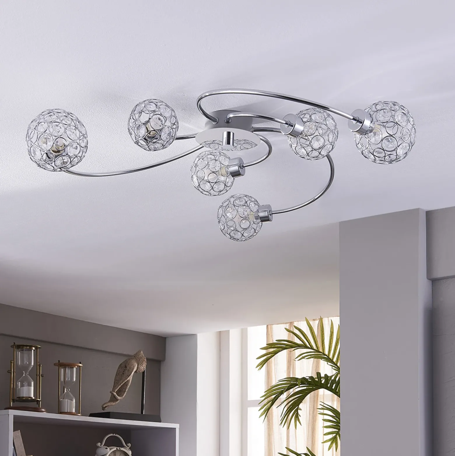 Plafón Lindby Tyron, Ø 65 cm, cromo, cristal, metal