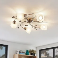 Plafón Lindby Yannie, 5 luces, 60cm, níquel/blanco, cristal