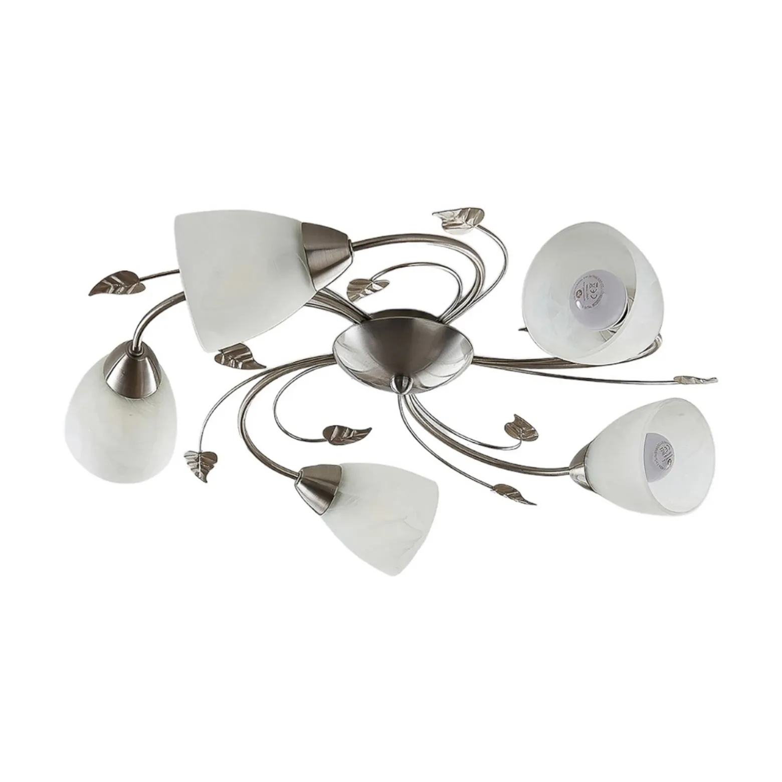 Plafón Lindby Yannie, 5 luces, 60cm, níquel/blanco, cristal