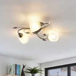 Plafón Lindby Yannie, 3 luces, 50cm, níquel/blanco, cristal
