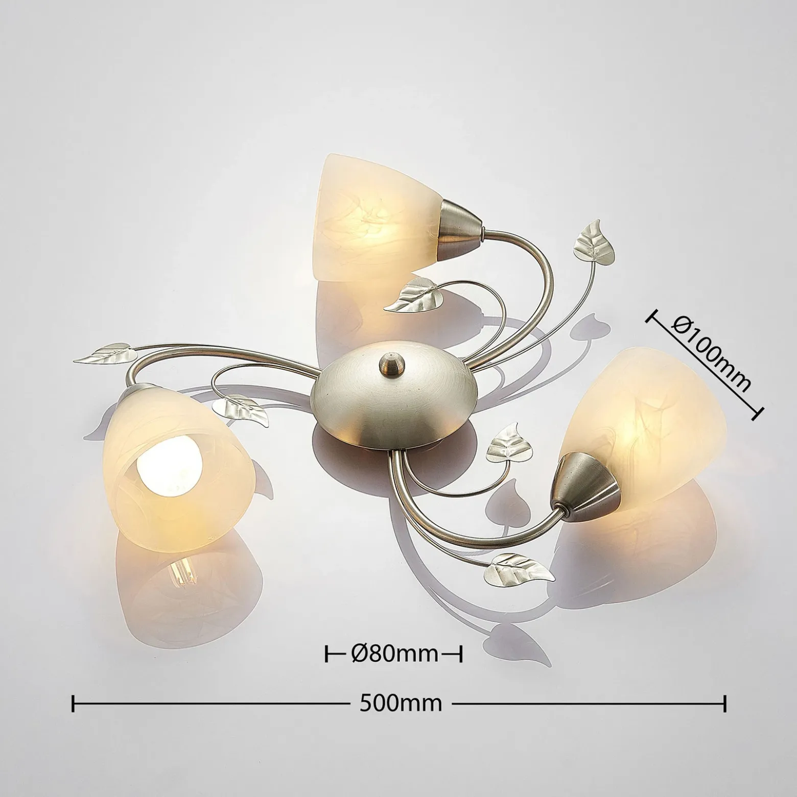 Plafón Lindby Yannie, 3 luces, 50cm, níquel/blanco, cristal