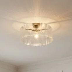 Plafón Lucande Meritt, latón/transparente, Ø 40 cm, cristal