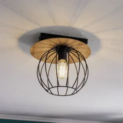 Plafón Malin, pantalla redonda de madera, 1 luz