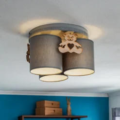 Plafón Mis, gris con oso de madera, 3 luces