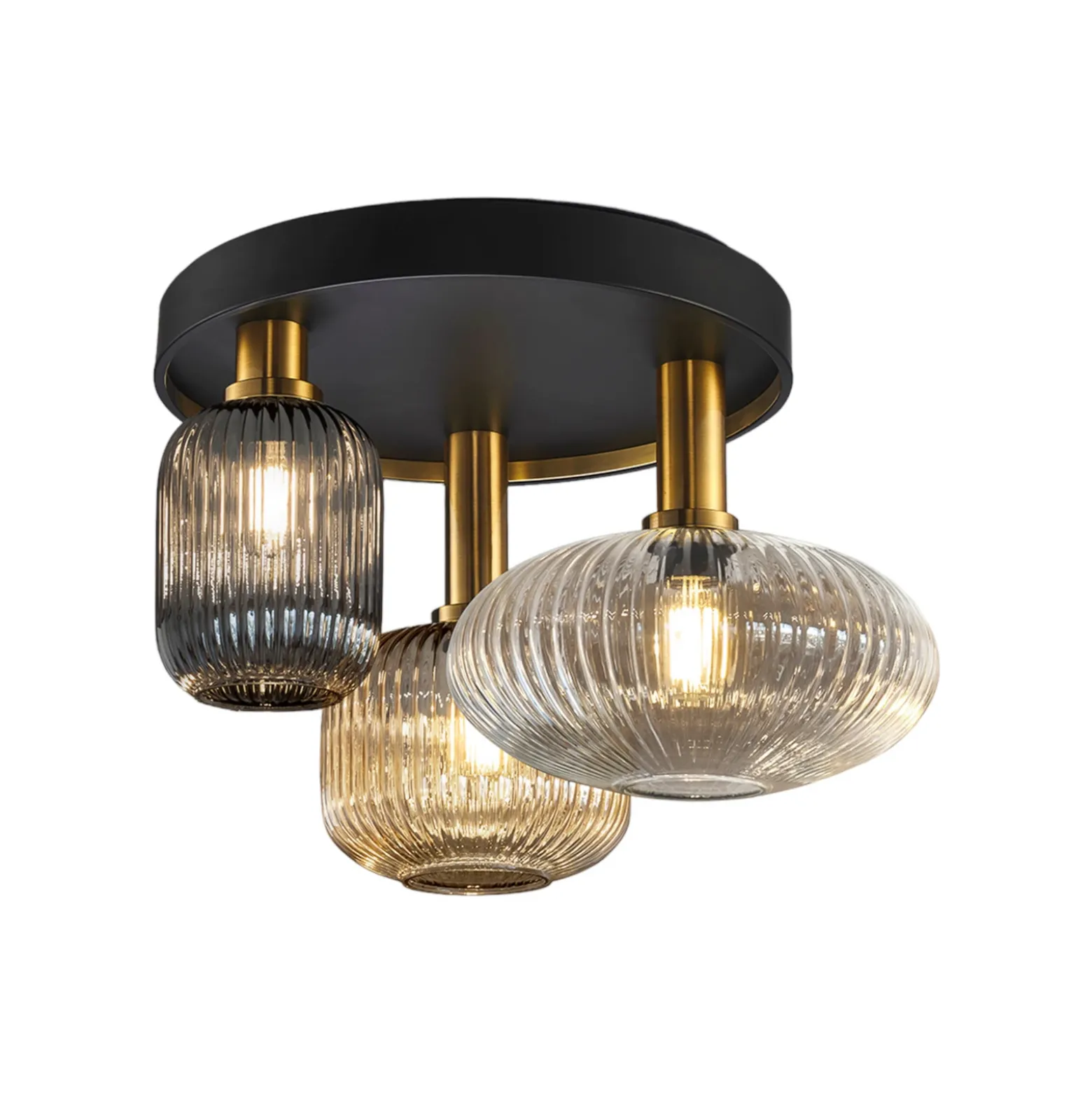 Plafón Norma, Ø 56 cm, 3 luces, negro/latón, cristal