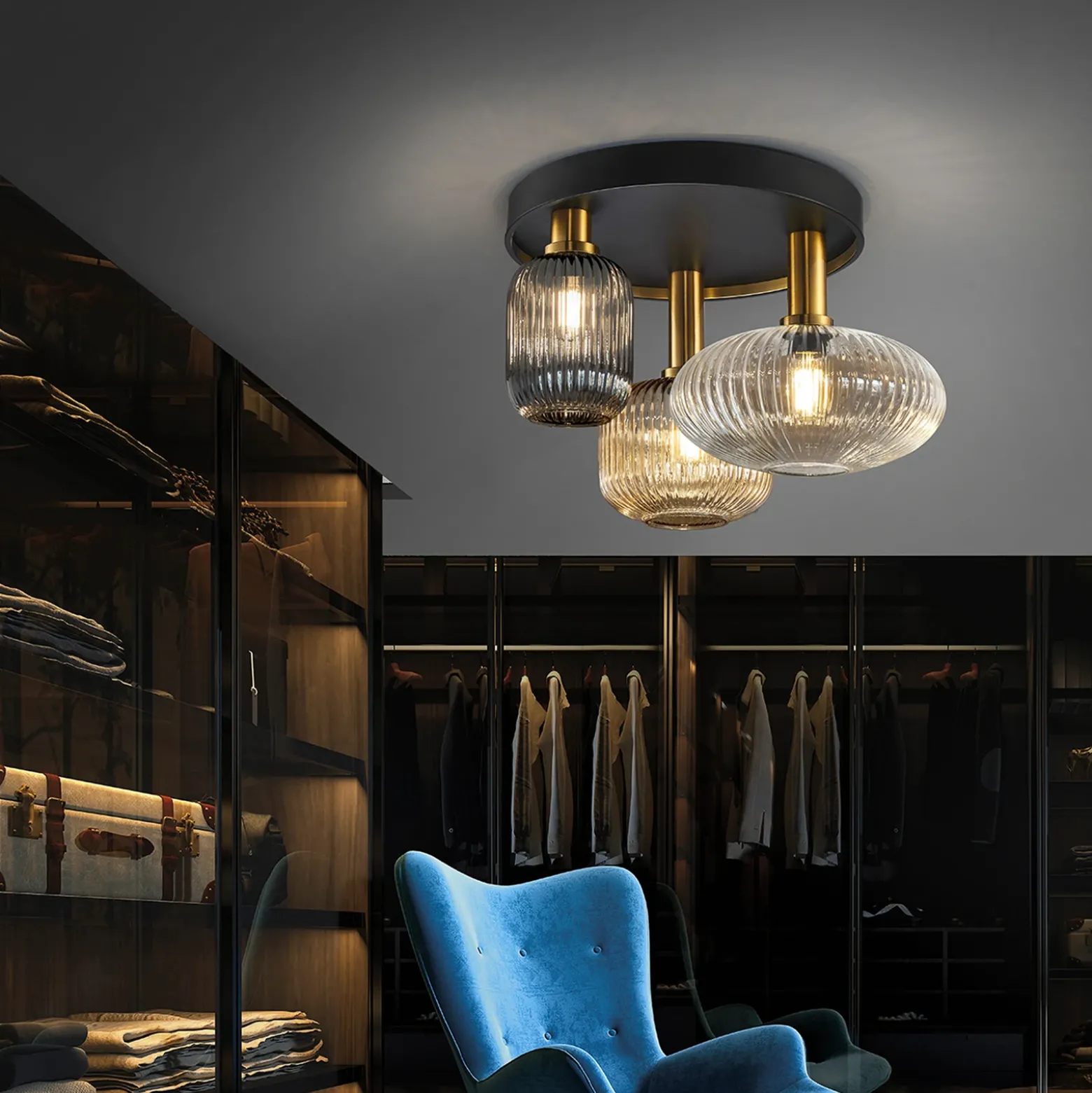 Plafón Norma, Ø 56 cm, 3 luces, negro/latón, cristal