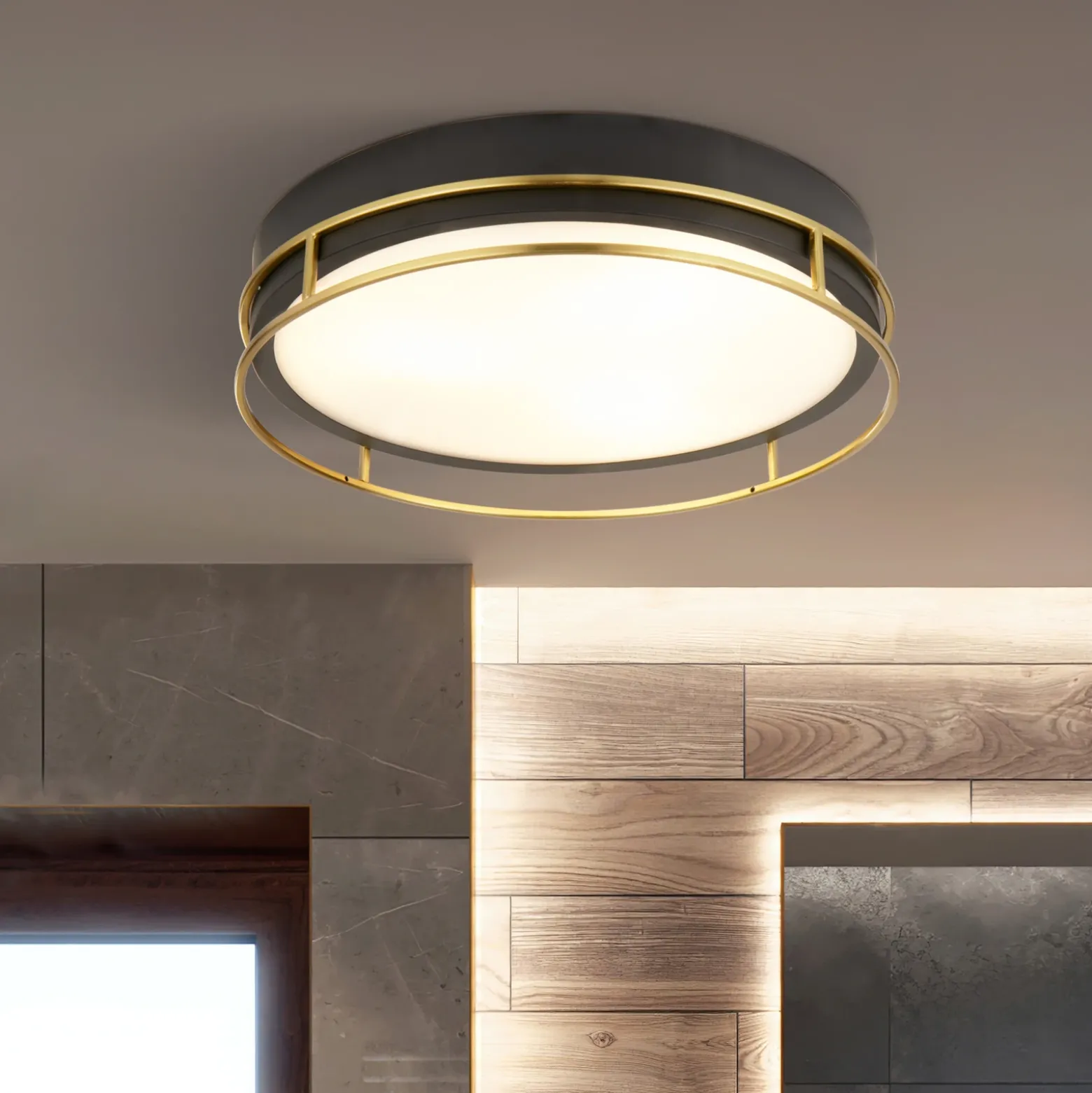 Plafón Phoenix, Ø 40 cm, negro / latón, IP44