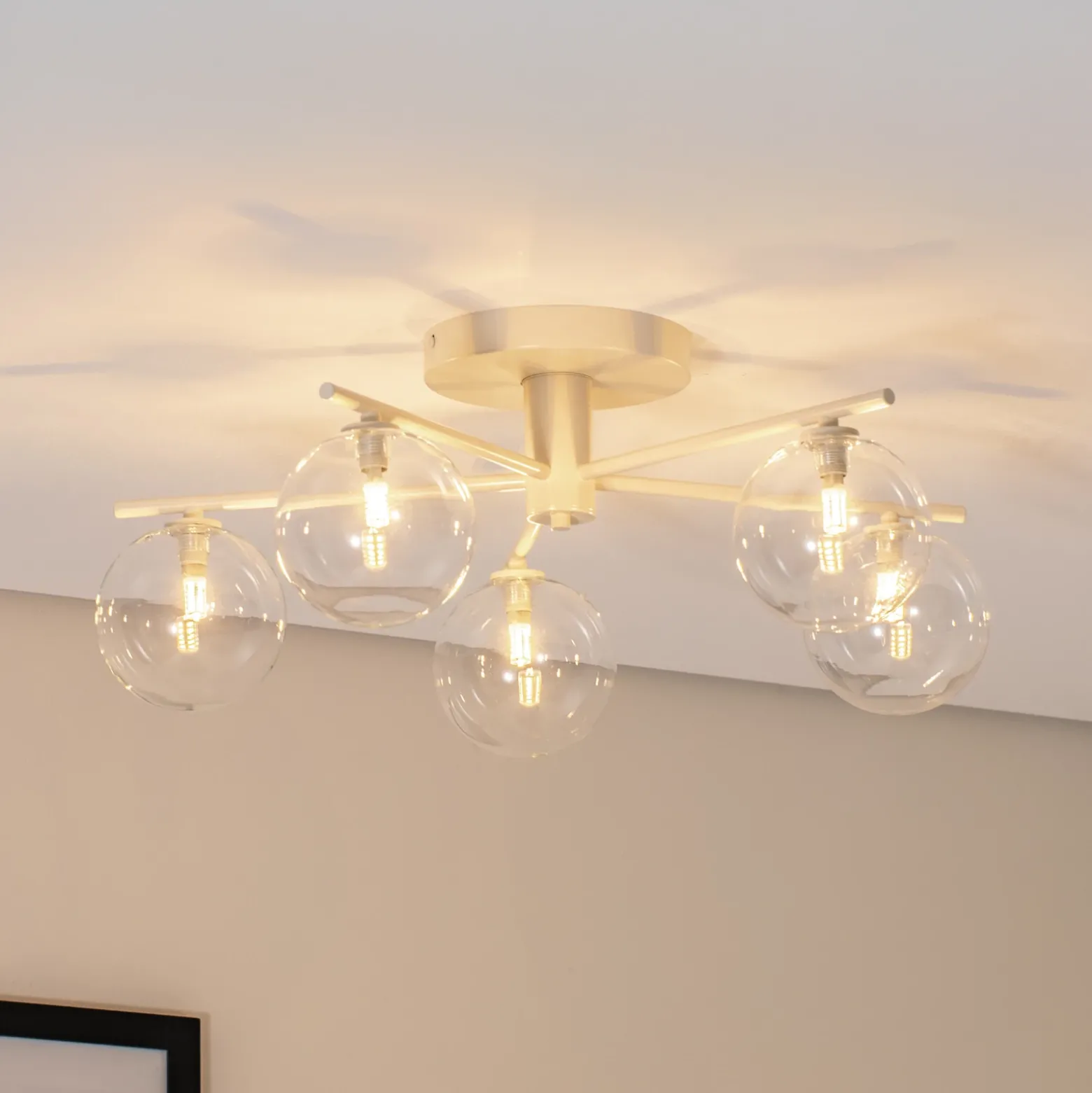 Plafón Prato, crema/transparente, cristal, 5 luces
