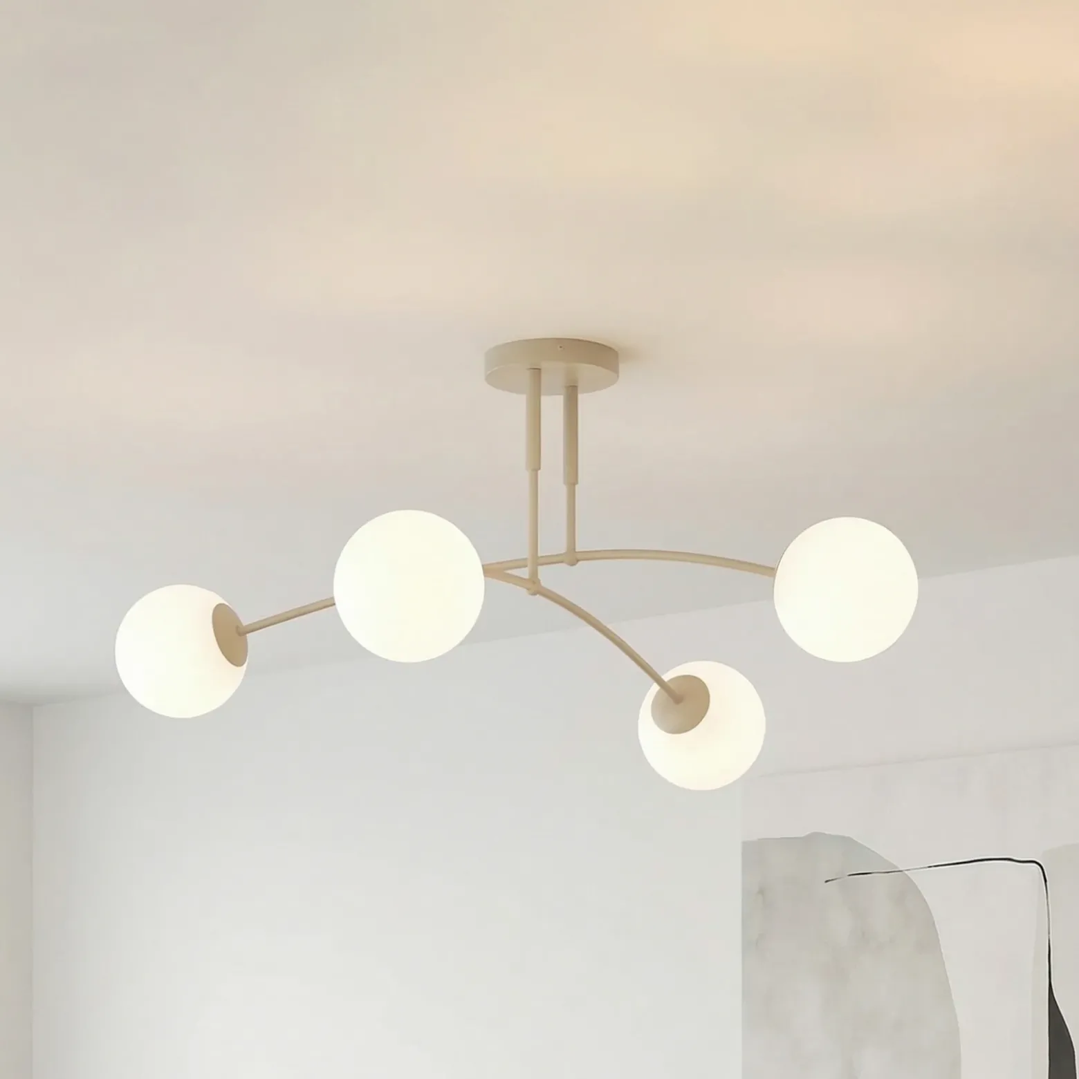 Plafón Pregos, beige, Ø 60 cm, 4 luces, metal/cristal